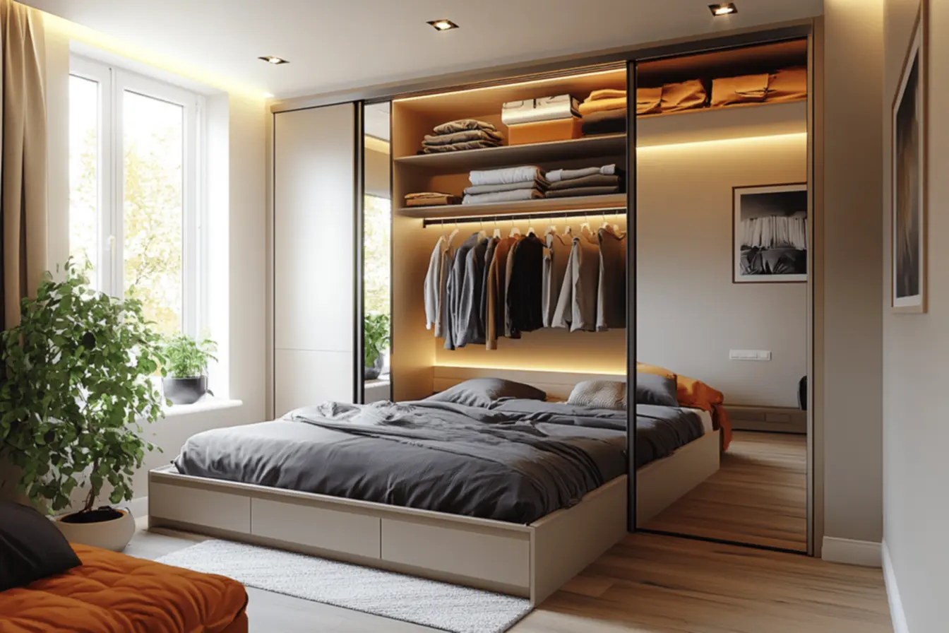 Guarda roupa com organização vertical em quarto pequeno