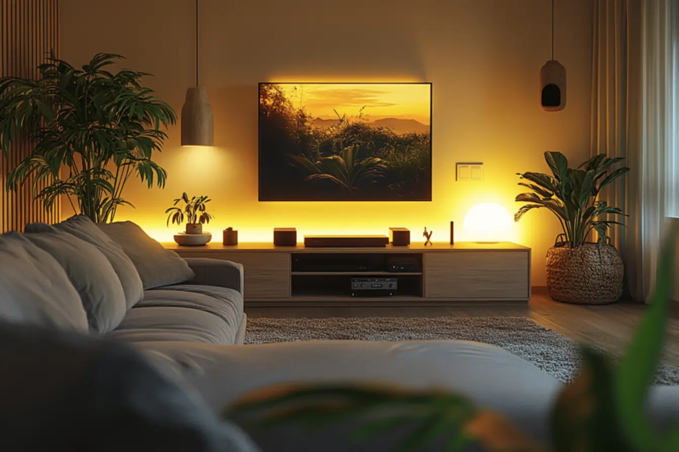 Sala de TV moderna com sofás e cadeiras