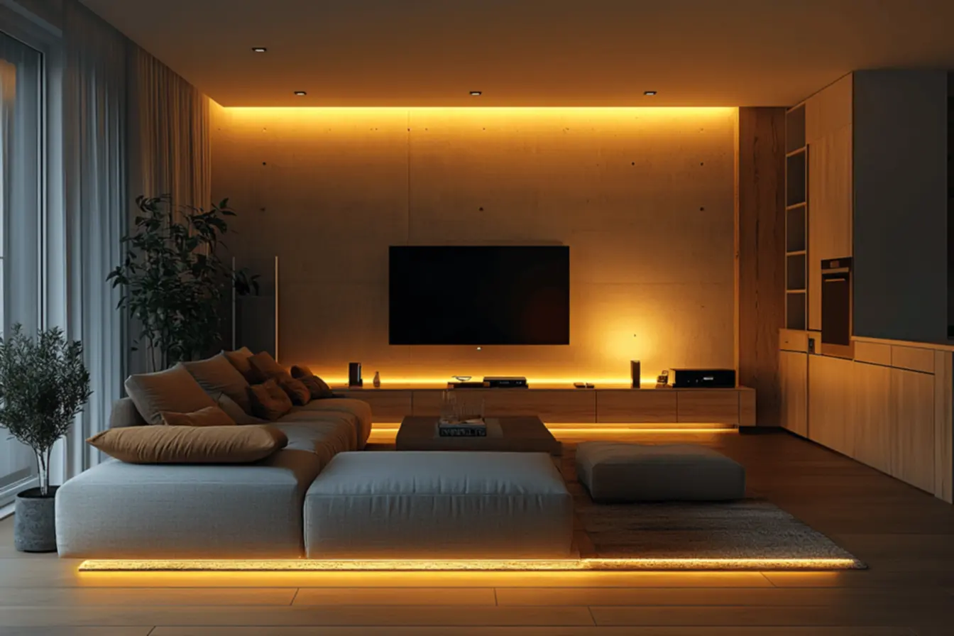 Iluminação suave e aconchegante na sala de TV