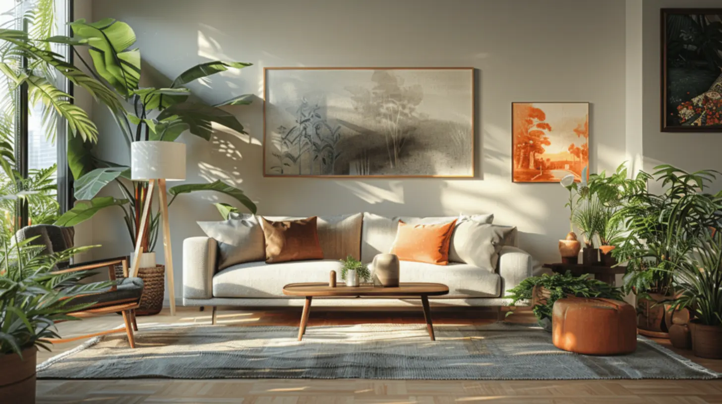 Elementos decorativos em uma sala moderna com plantas e quadros