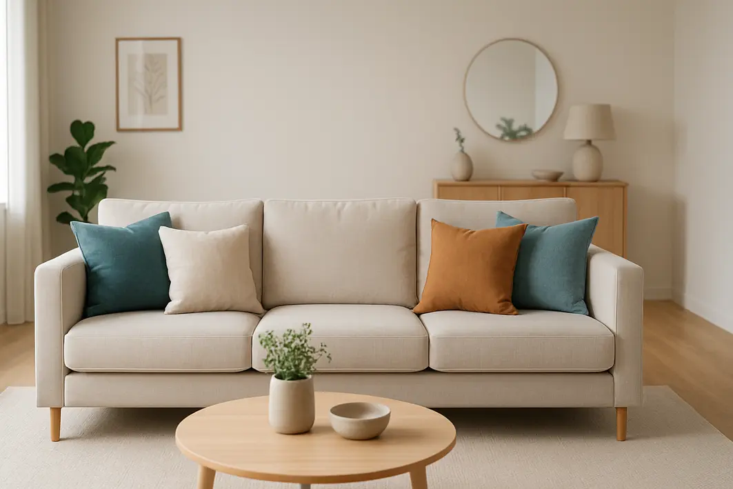 combinacao almofadas texturas cores Sala de estar ampla com sofa claro decorado com almofadas em azul petroleo bege e caramelo