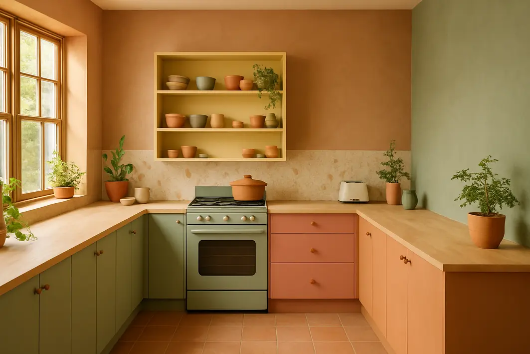 cozinha colorida tons terrosos aconchegante Cozinha ampla com paredes e móveis em tons terrosos e coloridos suaves, bancada de madeira clara e plantas verdes discretas