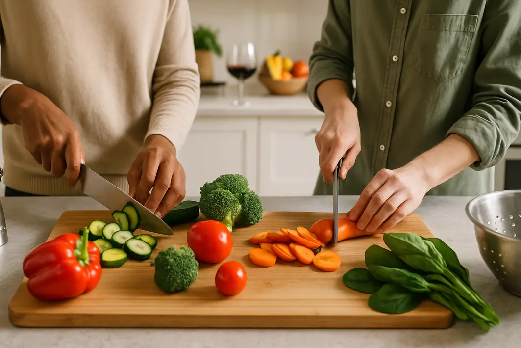 cozinha convivencia gourmet preparo juntos Mãos de duas pessoas cortando legumes frescos sobre bancada ampla de cozinha gourmet com ilha central
