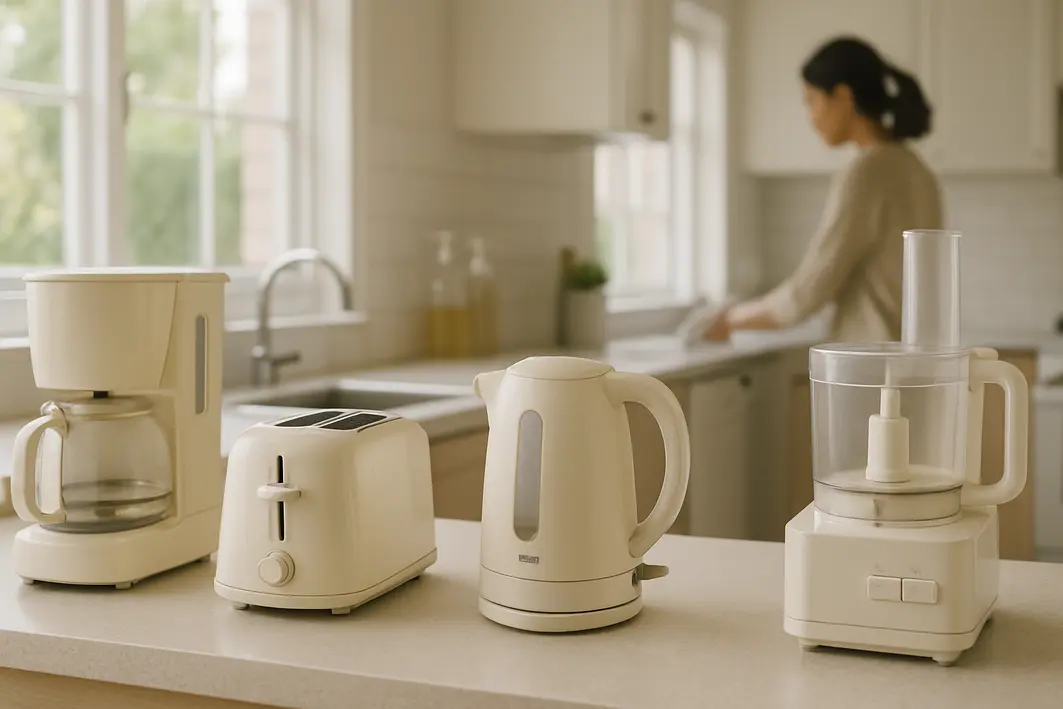 cozinha eletrodomesticos plastico amarelado Cozinha clara e arejada com bancada organizada exibindo eletrodomésticos de plástico branco e bege com amarelamento sutil