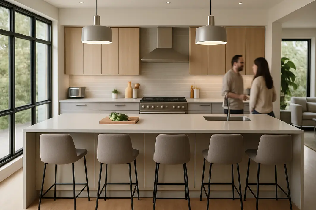 cozinha gourmet ambiente integrado ilha bar Cozinha gourmet moderna ampla com ilha central espaçosa e bancada de bar com banquetas elegantes em ambiente integrado e iluminado por grandes janelas