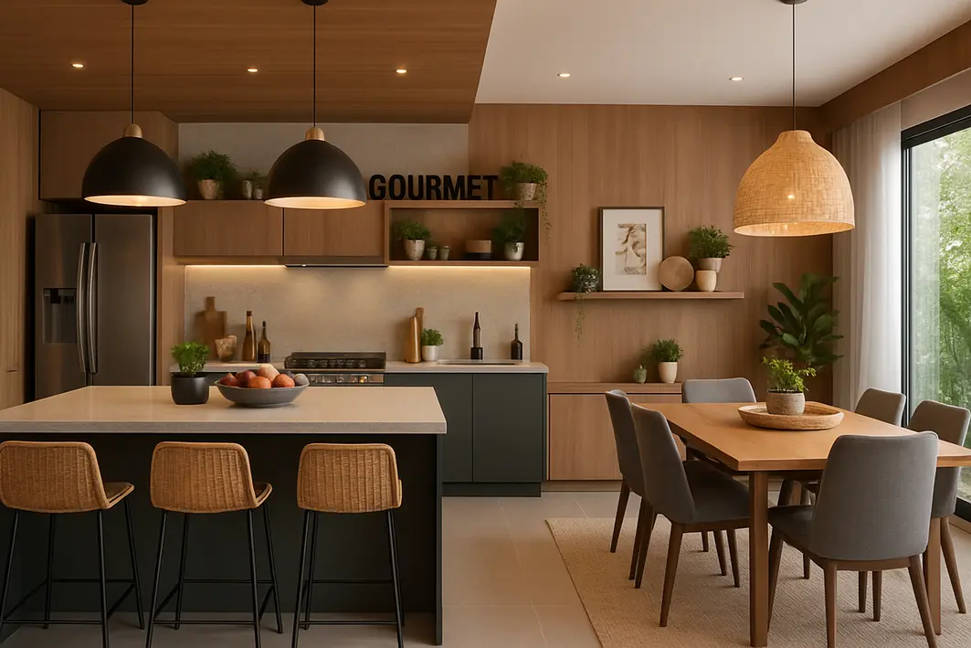 cozinha gourmet integrada sala estar Cozinha gourmet moderna integrada com sala de estar, bancada e ilha em madeira clara com pessoas preparando refeição