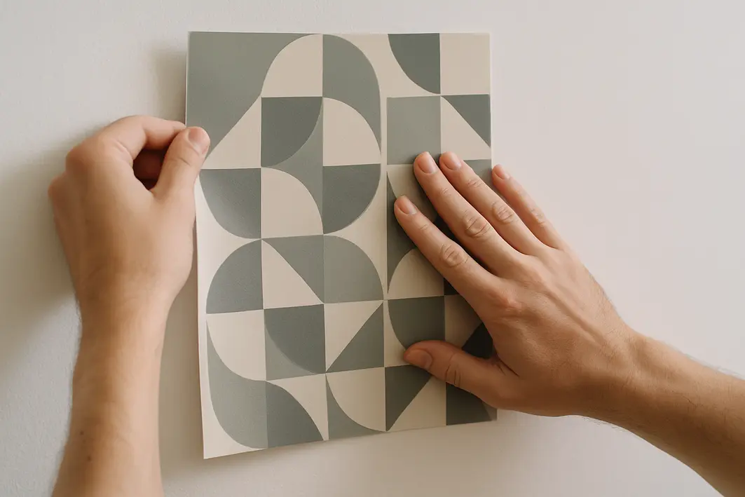 decoracao apartamento alugado adesivos 1 Mãos aplicando adesivo geométrico fosco em parede branca lisa de apartamento minimalista