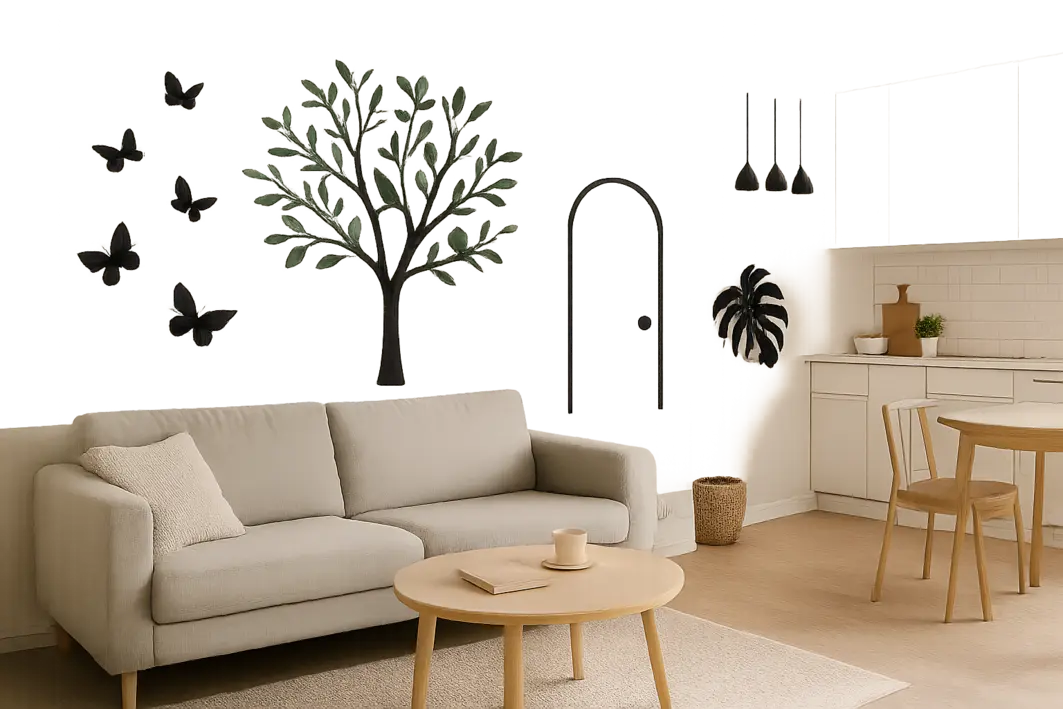 decoracao apartamento alugado adesivos 2 Sala de estar minimalista com sofá claro e adesivos geométricos foscos aplicados na parede ao lado da janela