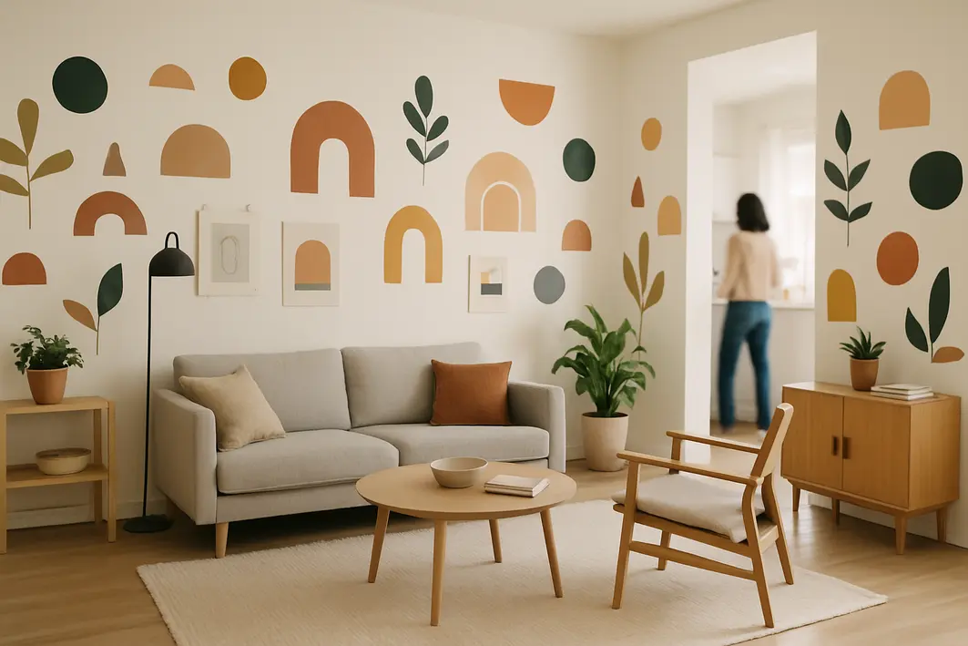 decoracao apartamento alugado adesivos Sala ampla de apartamento alugado com paredes decoradas por adesivos removíveis foscos e móveis de design contemporâneo