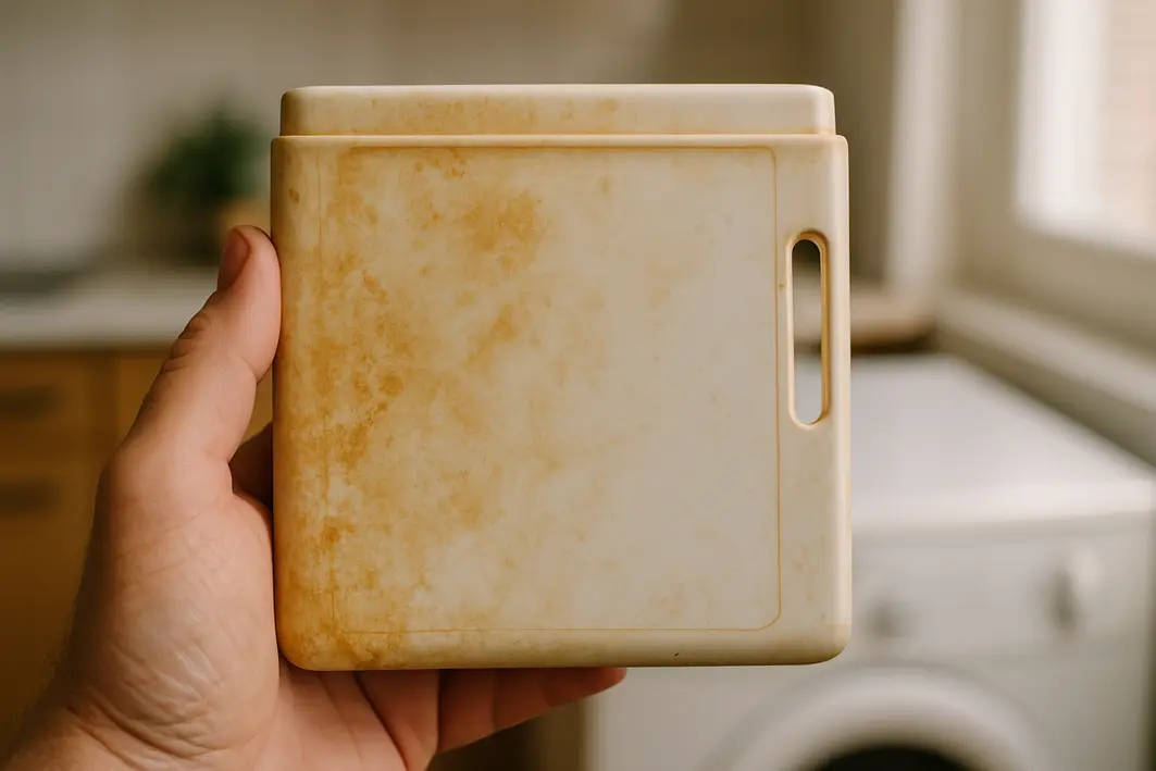 mao segurando plastico eletrodomestico amarelo Mão adulta segurando pedaço de plástico amarelado de eletrodoméstico com textura envelhecida e manchas visíveis