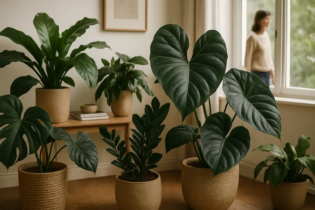 plantas sombra ambiente interno decoracao Canto de sala com várias plantas de sombra em vasos naturais, folhas grandes verdes, iluminação suave entrando por janela